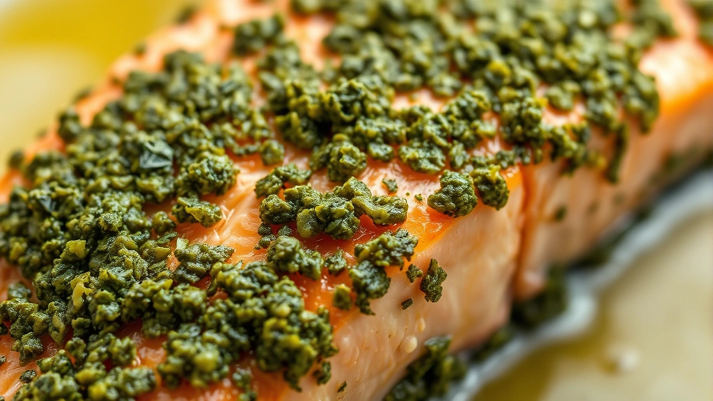 detail: extreme close-up of pesto salmon surface showing textured green herb crust, flaked salmon flesh underneath, glistening with olive oil, macro photography, natural light, no text