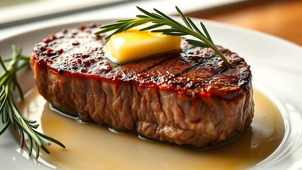 hero: perfectly seared petite sirloin steak with golden brown crust, topped with melting butter and fresh rosemary, resting on white plate, photorealistic, natural window light, no text