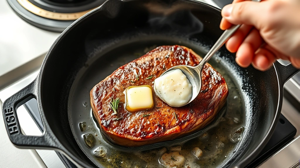 process: hot cast iron skillet with steak sizzling, butter foaming, garlic and rosemary visible, hand basting with spoon, photorealistic, bright kitchen light, no text