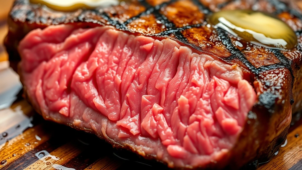 detail: close-up of steak cross-section showing perfect medium-rare pink center with caramelized brown crust, glistening with butter, photorealistic, natural light, no text