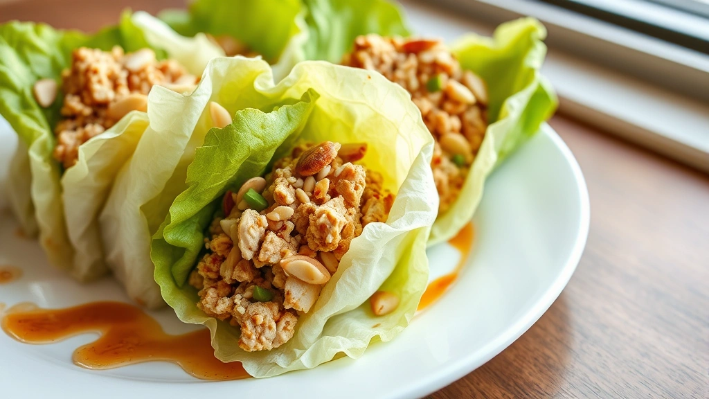 hero: P.F. Chang's style lettuce wraps filled with savory ground chicken mixture, topped with sesame seeds and almonds, arranged on white plate with sauce drizzle, photorealistic, natural window light, no text