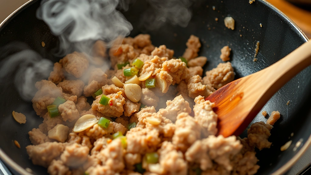 process: ground chicken cooking in wok with ginger and garlic, steam rising, wooden spoon stirring, close-up action shot, photorealistic, warm kitchen lighting, no text