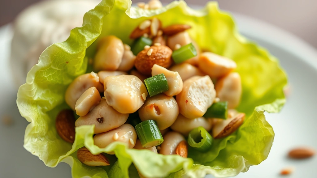 detail: close-up of single butter lettuce wrap showing filling texture with water chestnuts mushrooms and green onions, sesame seeds and almonds on top, shallow depth of field, photorealistic, soft natural light, no text