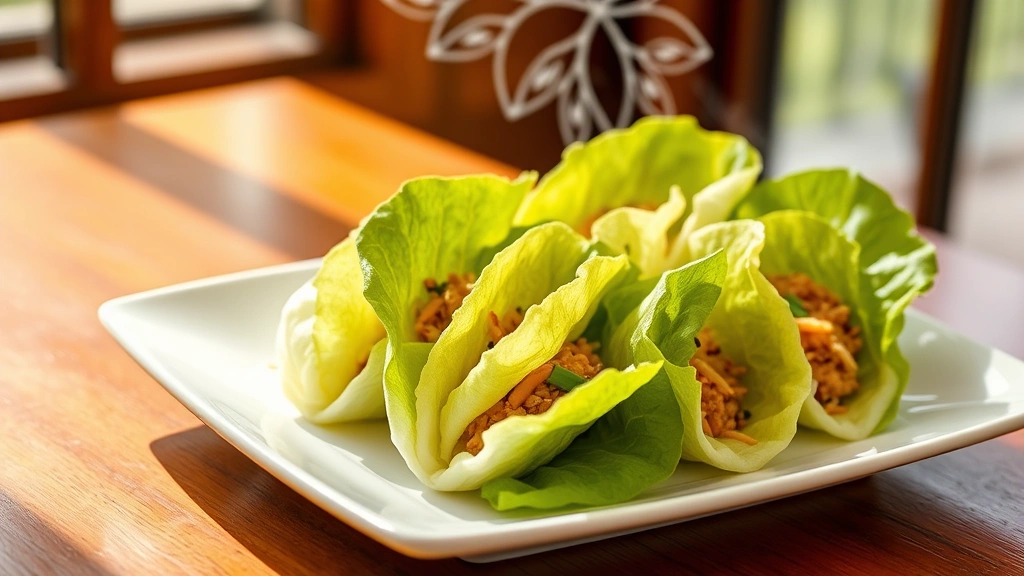 hero: perfectly plated PF Chang's lettuce wraps with filling visible, garnished with sesame seeds and green onions, fresh butter lettuce cups arranged artfully, warm steam rising, natural window light, wooden serving table background, appetizer presentation