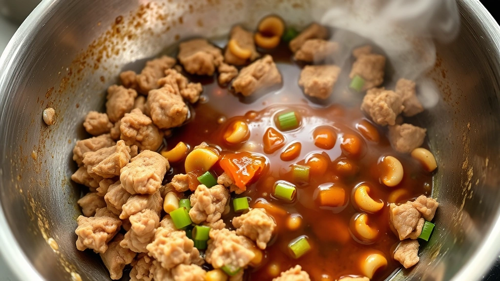 process: ground chicken browning in wok with ginger and garlic, aromatic steam rising, glossy hoisin sauce coating ingredients, close-up of cooking action, stainless steel skillet, vibrant colors of green onions and water chestnuts visible