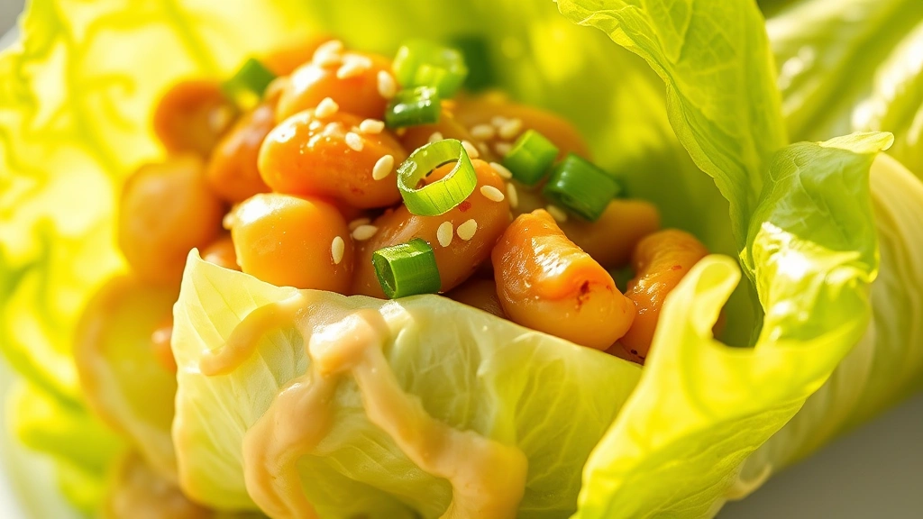 detail: close-up macro shot of single filled lettuce wrap, sesame seeds and green onion garnish visible, creamy hoisin sauce coating, water chestnuts showing texture, natural sunlight highlighting translucent lettuce leaf, side angle showing filling layers