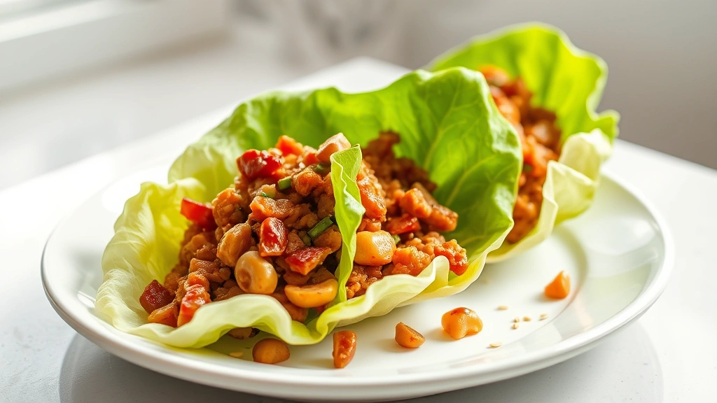 hero: beautiful butter lettuce wraps filled with glossy caramelized ground chicken and water chestnuts, arranged on a white plate with sesame seeds sprinkled on top, warm steam visible, natural window light, professional food photography