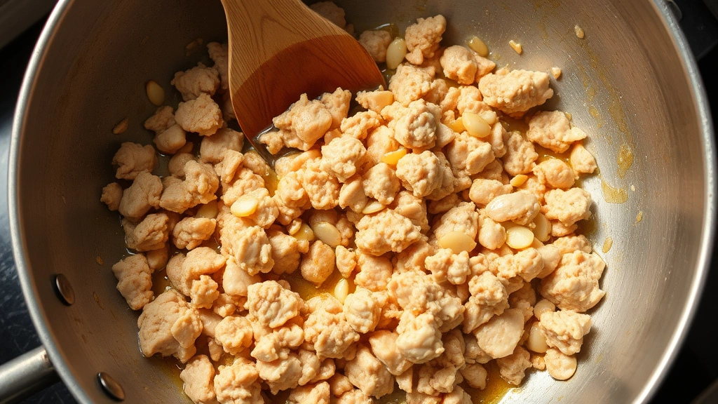 process: ground chicken cooking in a wok with garlic and ginger, golden brown color, glistening with sauce, wooden spoon stirring, stainless steel wok, overhead shot with natural lighting