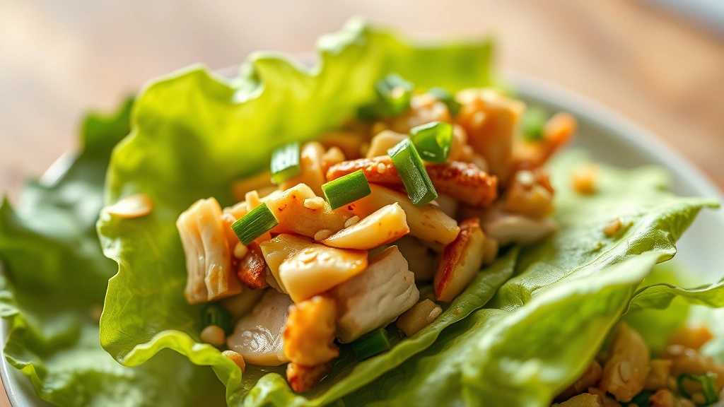 detail: close-up of a single lettuce wrap from above showing layers of tender chicken, crispy water chestnuts, green onions, and glossy sauce, sesame seeds and almond garnish, shallow depth of field, warm natural light