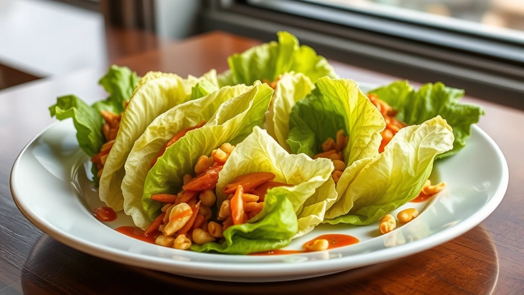 hero: PF Chang's style lettuce wraps arranged on white plate with hoisin sauce drizzle and chopped peanuts, photorealistic, natural window light, no text
