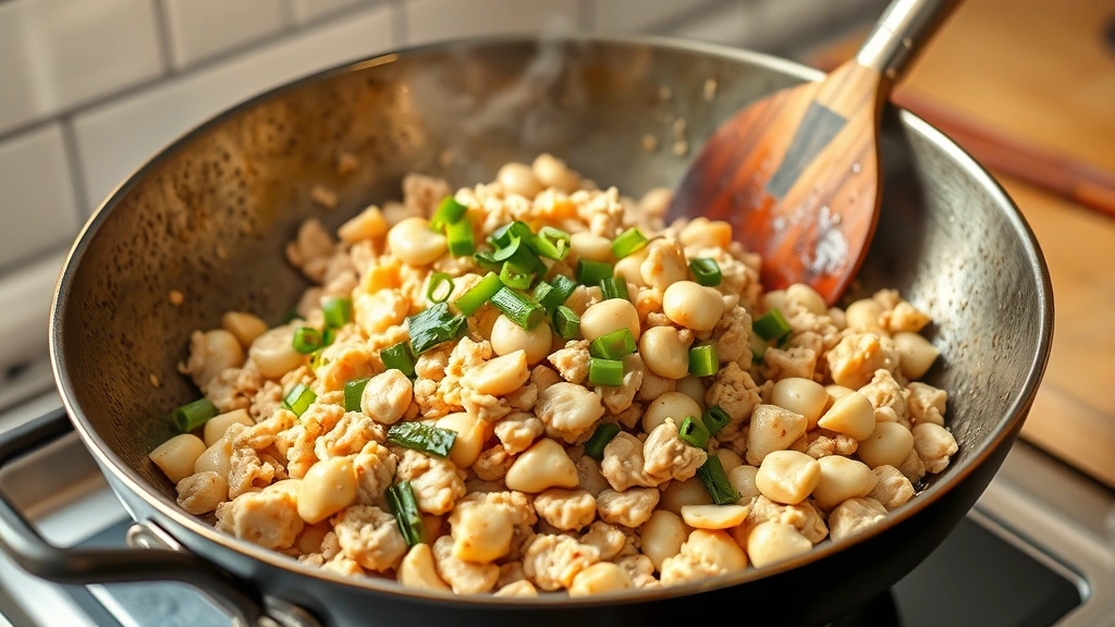 process: ground chicken cooking in wok with ginger garlic and water chestnuts, photorealistic, bright kitchen lighting, no text