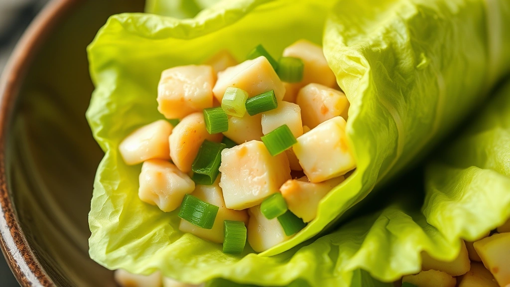 detail: close-up of filled butter lettuce wrap with visible chunks of water chestnuts and green onions, photorealistic, natural light, no text