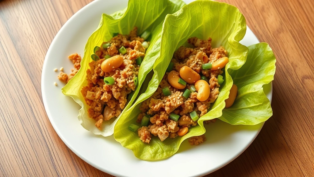hero: P.F. Chang's style lettuce wraps with ground chicken filling and water chestnuts served on butter lettuce leaves with sesame seeds and green onions, photorealistic, natural window light, overhead shot, no text, styled on white plate