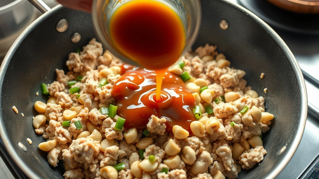 process: cook ground chicken in wok or skillet with garlic ginger and water chestnuts, sauce being poured in, photorealistic, natural kitchen light, no text