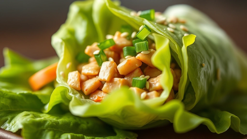 detail: close-up of assembled lettuce wrap with filling visible, sesame seeds and green onions on top, bite taken out, photorealistic, natural light, no text, shallow depth of field