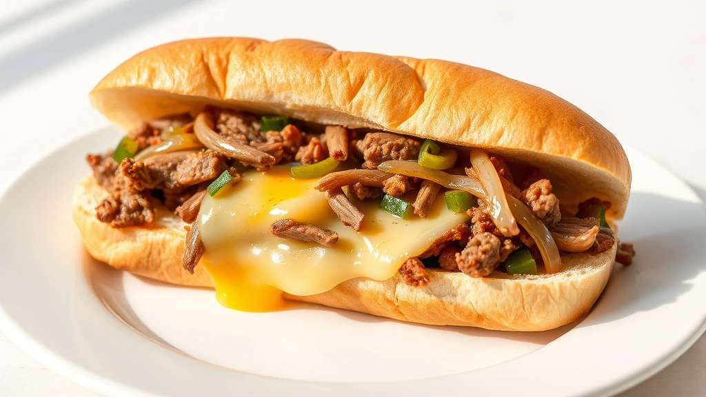 hero: completed Philly cheesesteak sandwich on white plate, melted cheese visible, fresh onions and peppers, soft hoagie roll, natural daylight from side, no text or watermarks