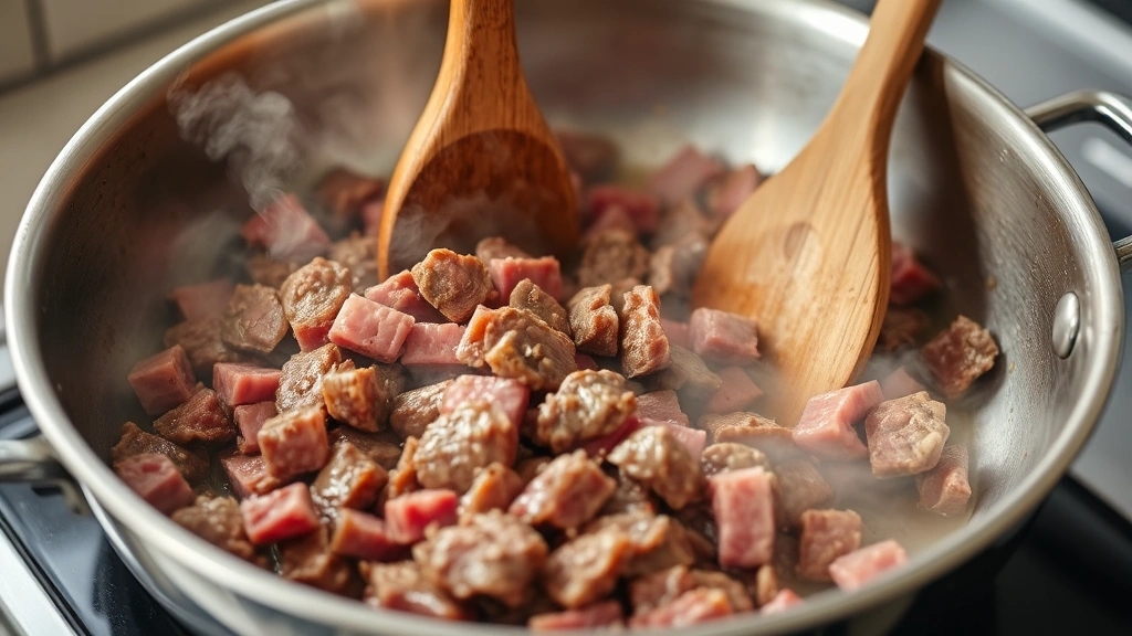 process: cook slicing thin beef in hot skillet with visible steam, wooden spoon stirring, stainless steel pan, bright kitchen lighting, no text