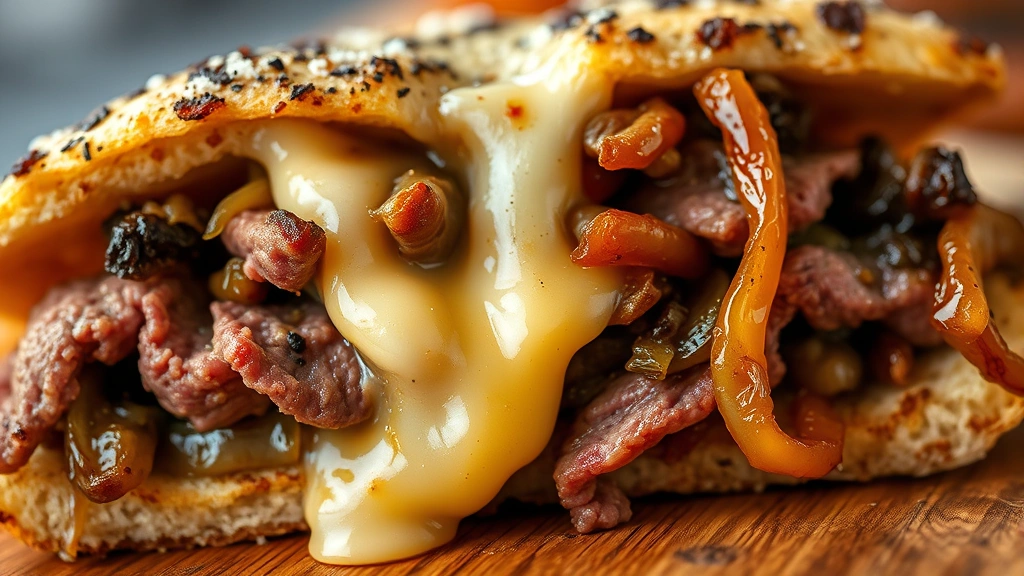 detail: close-up cross-section of cheesesteak showing layers of beef, melted provolone cheese dripping, caramelized onions and peppers, macro photography, warm natural lighting, no text