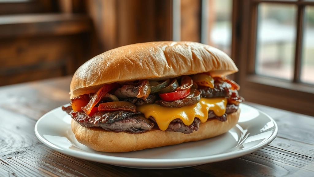 hero: golden-brown Philly cheesesteak sandwich with melted cheese, caramelized peppers and onions visible, sitting on white plate, natural daylight through window, rustic wooden table background, no text or watermarks