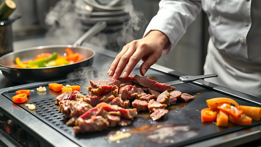 process: chef's hands slicing thin beef on hot griddle with spatula, peppers and onions sautéing in butter nearby, steam rising, professional kitchen lighting, photorealistic, no text