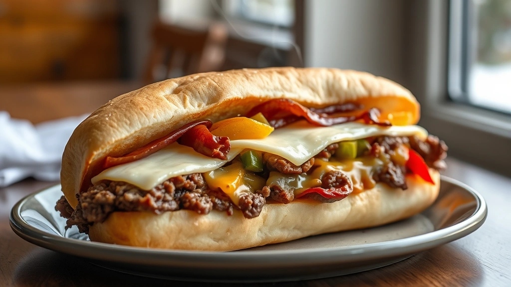 hero: finished Philly cheesesteak sandwich with melted provolone cheese, sautéed onions, and peppers on a soft hoagie roll, steam rising, photorealistic, natural daylight from window, no text