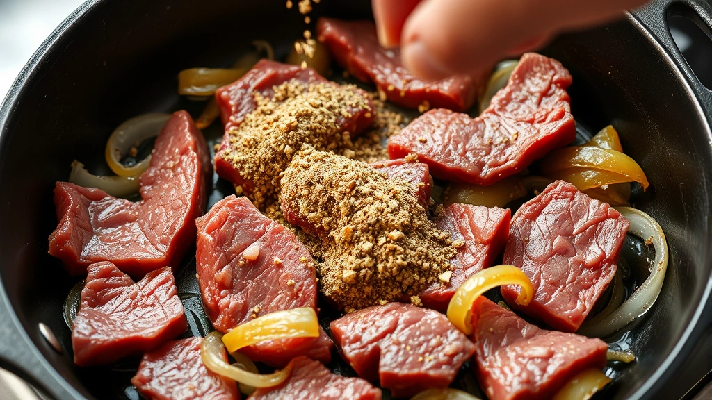 process: thin slices of beef cooking in cast iron skillet with seasoning being sprinkled on top, onions caramelizing, photorealistic, natural kitchen lighting, no text