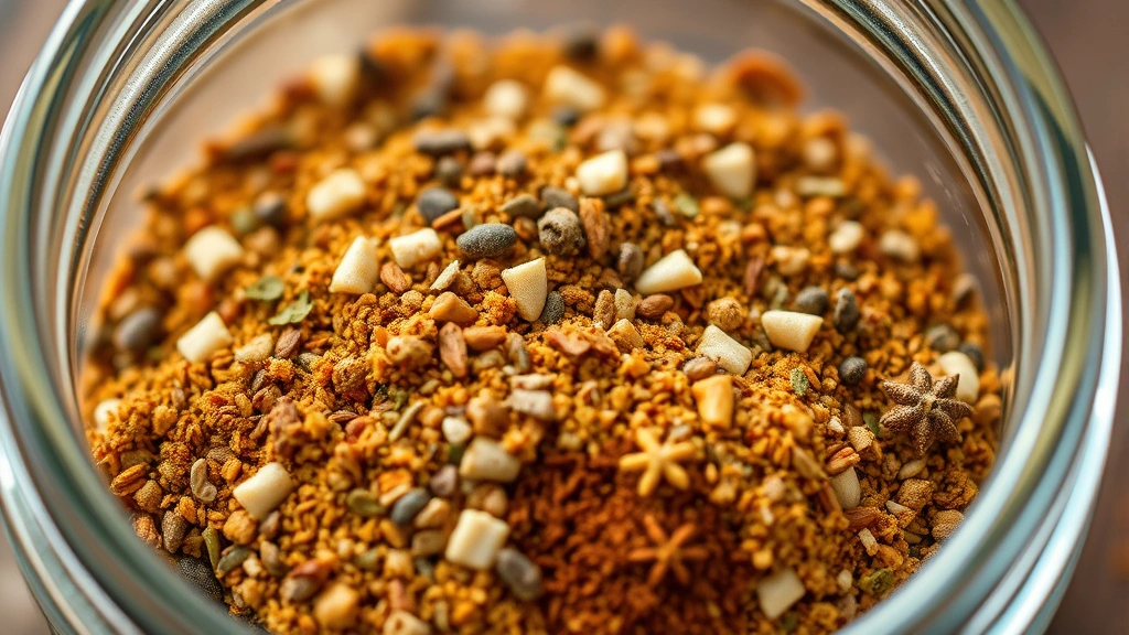 detail: close-up of homemade seasoning blend in clear glass jar showing individual spice components and vibrant colors, photorealistic, soft natural light, no text