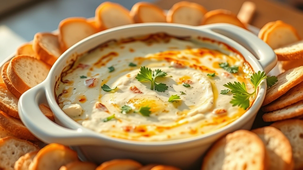 hero: Philly cream cheese dip in white ceramic baking dish, bubbling and golden brown, garnished with fresh green parsley, surrounded by crusty bread slices and crackers, warm afternoon natural light streaming from left, shallow depth of field
