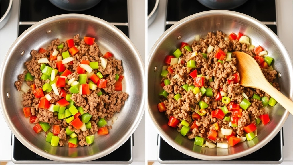 process: Sautéed ground beef and diced bell peppers with onions in stainless steel skillet, beef just finished browning, vibrant red and green peppers visible, wooden spoon stirring, kitchen counter in soft natural light