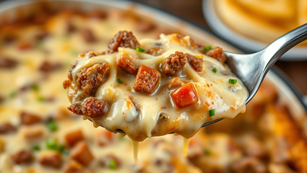 detail: Close-up spoonful of creamy Philly dip with visible chunks of seasoned beef, melted cheese strings, and caramelized vegetables, held above the baking dish, steam rising, golden brown top visible in background