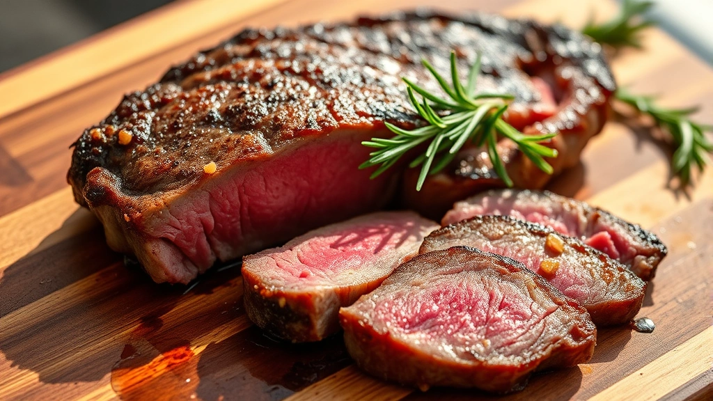 hero: perfectly cooked picanha steak sliced on wooden cutting board, medium-rare interior visible, fat cap golden and crispy, fresh rosemary garnish, natural afternoon light streaming across, no text