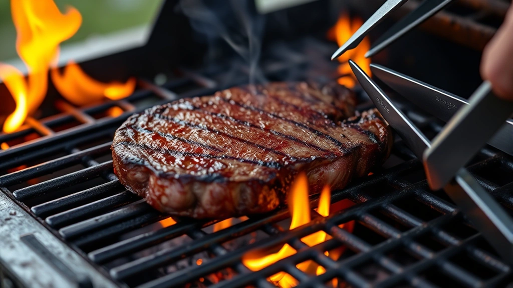 process: picanha steak on hot grill with visible flames, fat cap rendering and crisping, smoke rising, tongs nearby, outdoor grilling setting, natural daylight, no text