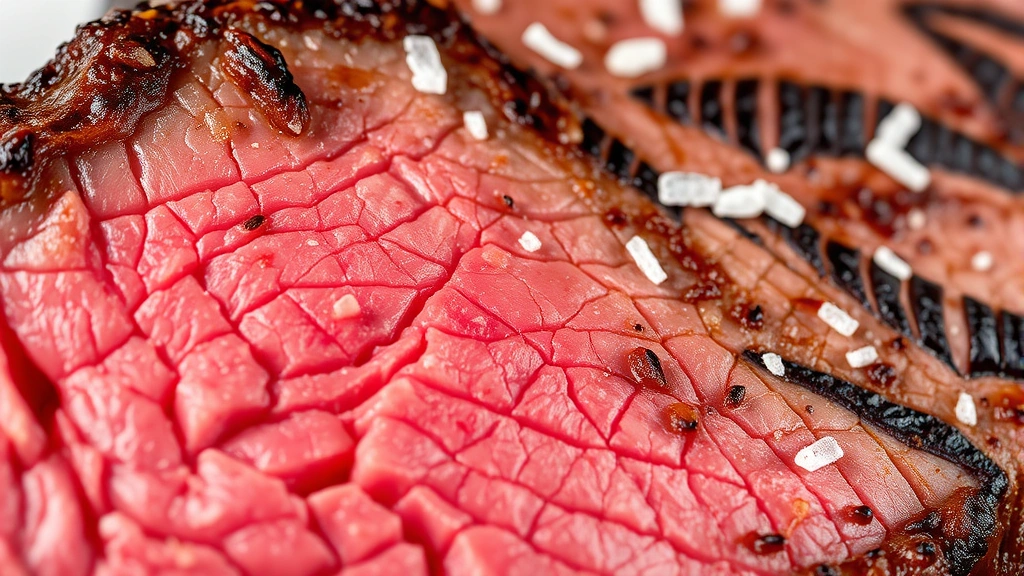 detail: close-up cross-section of cooked picanha showing perfect medium-rare pink center, caramelized brown crust, rendered fat cap texture, fresh fleur de sel crystals on top, macro photography style, no text