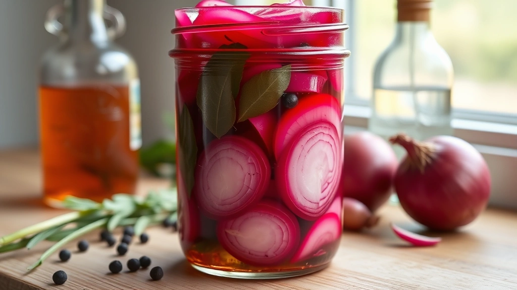 hero: mason jar filled with vibrant purple-red pickled onions submerged in clear brine with bay leaves and peppercorns visible, fresh red onions and vinegar bottle beside jar, natural window light, wooden surface background, no text