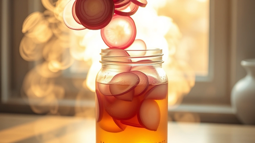 process: thin red onion slices being poured into glass jar with steaming brine, steam rising, golden afternoon light streaming through window, no text