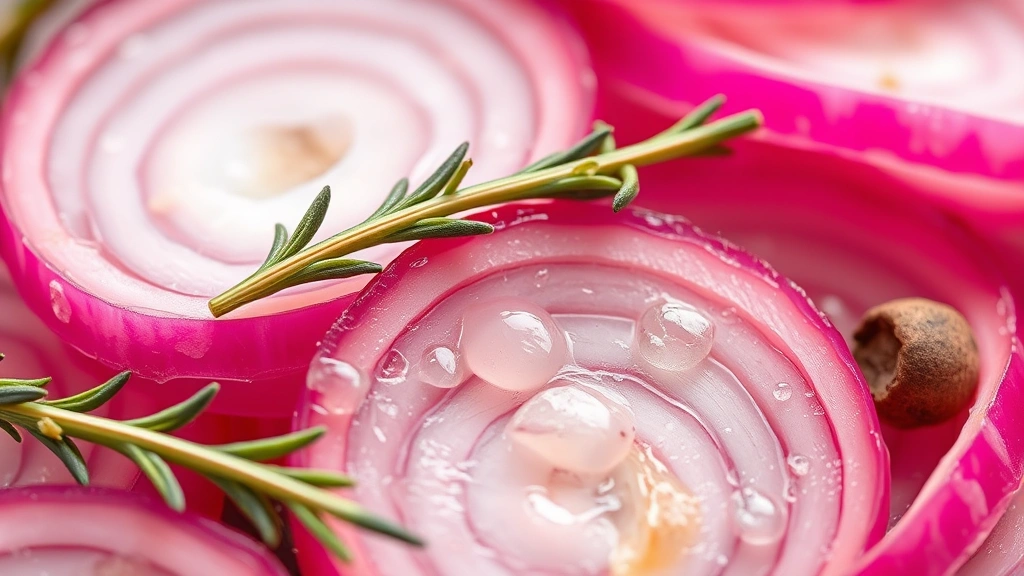 detail: close-up macro shot of glossy pickled red onion slices with visible texture, brine droplets, fresh thyme sprig and peppercorn, shallow depth of field, bright natural light, no text