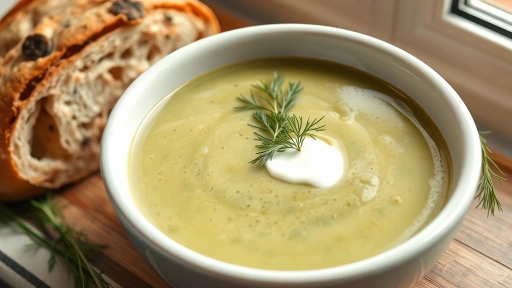 hero: creamy pickle soup in white ceramic bowl, garnished with fresh dill and crème fraîche, crusty bread beside it, warm natural window light, close-up shot showing vibrant green soup color, no text
