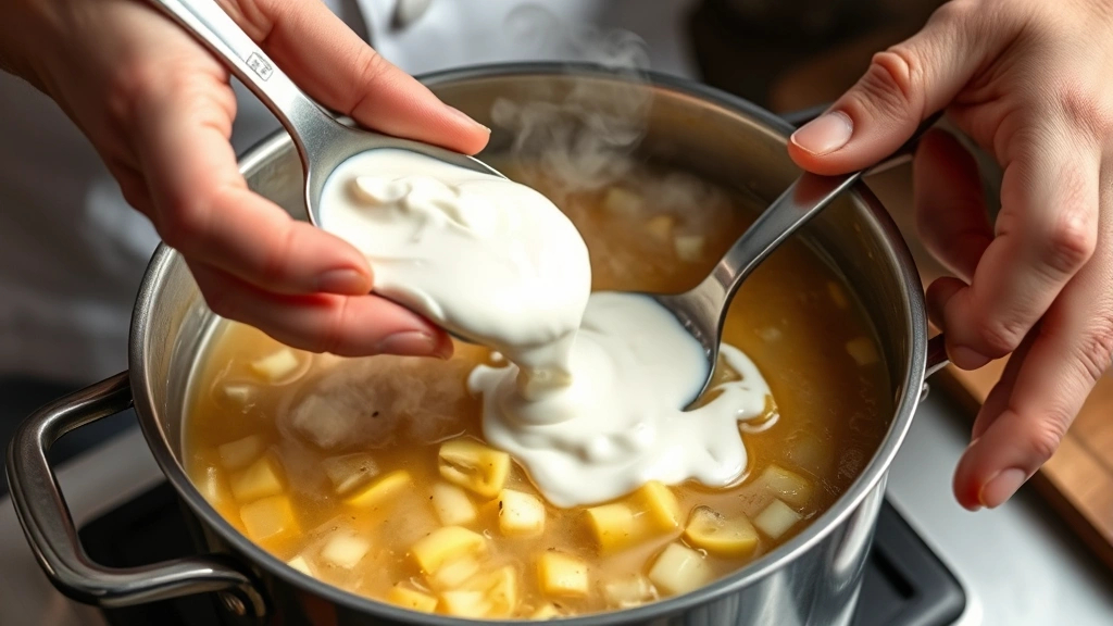 process: chef's hands stirring sour cream into steaming pot of pickle soup, diced pickles visible, steam rising, natural kitchen light, photorealistic, no text
