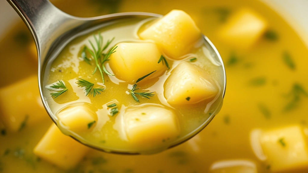 detail: close-up of pickle soup ladle showing creamy texture, floating potato chunks and dill pieces, rich golden-green color, natural diffused light, shallow depth of field, no text