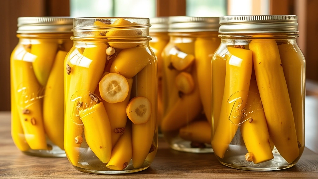 hero: glass mason jars filled with vibrant yellow-green pickled banana peppers in clear brine with visible garlic slices and spices, photorealistic, natural window light, wooden table background, no text