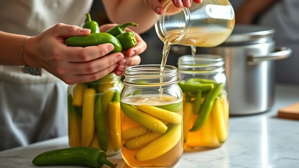 process: hands packing fresh banana peppers into hot sterilized mason jars, pouring hot brine into jar, photorealistic, bright natural light, close kitchen counter angle, no text