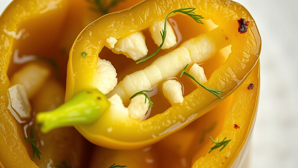detail: extreme close-up of pickled banana pepper sliced in half showing texture and brine, fresh dill and garlic visible, photorealistic, macro photography style, neutral background, no text