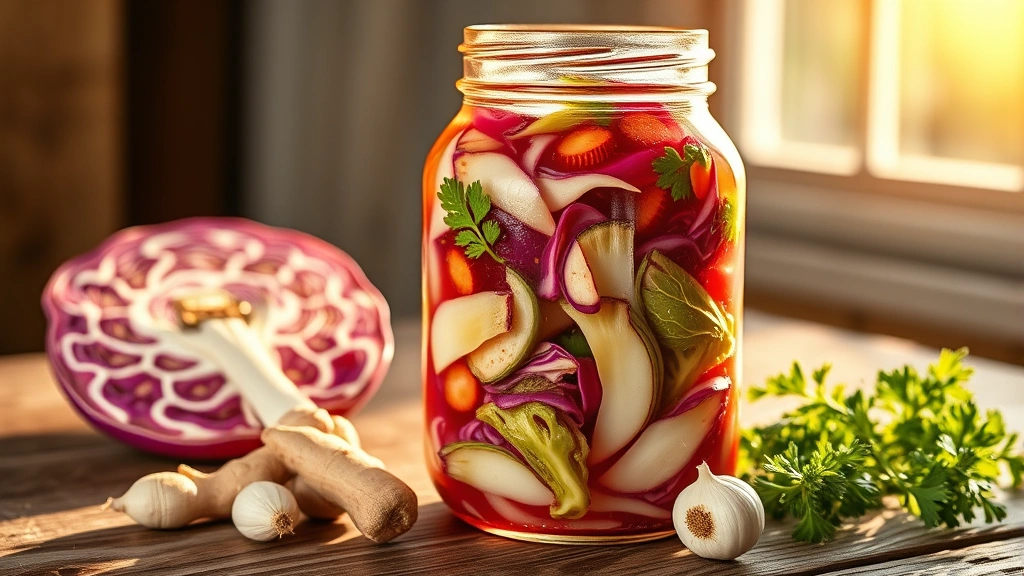 hero: vibrant quick pickled cabbage in glass jar with red and green cabbage, fresh ginger, garlic, and pickling spices, golden afternoon light streaming through jar, rustic wooden table, no text, styled with fresh herbs nearby