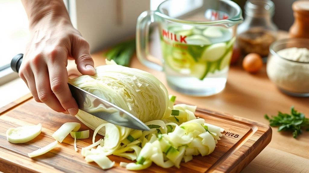 process: hands slicing fresh cabbage with sharp knife on wooden cutting board, glass measuring cup with clear pickling brine and aromatics in background, natural window light, organized ingredients, no text