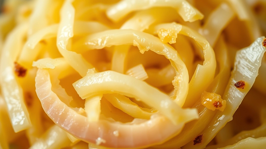 detail: close-up macro shot of perfectly sliced pickled cabbage showing texture and crunch, with visible garlic slices and ginger, brine glistening, shallow depth of field, warm natural light, no text