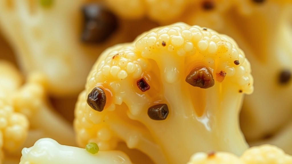 detail: close-up of single pickled cauliflower floret with visible mustard seeds and peppercorns, shallow depth of field, glistening brine coating, macro photography, natural lighting, no text