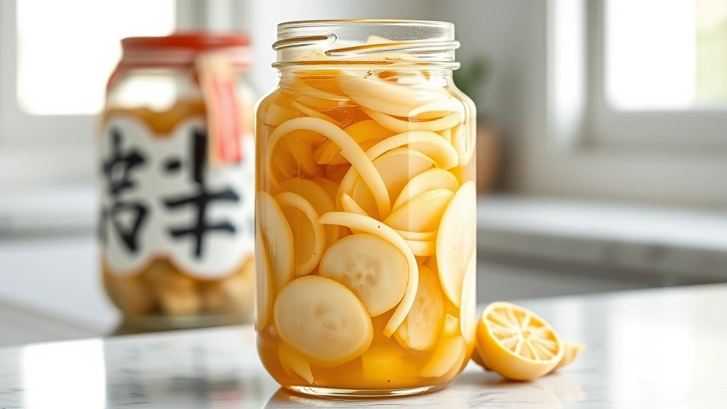 hero: beautiful glass jar filled with thin sliced pickled daikon radish, golden-clear brine, sliced garlic and ginger visible, sitting on white marble countertop with soft natural window light, fresh and appetizing, professional food photography