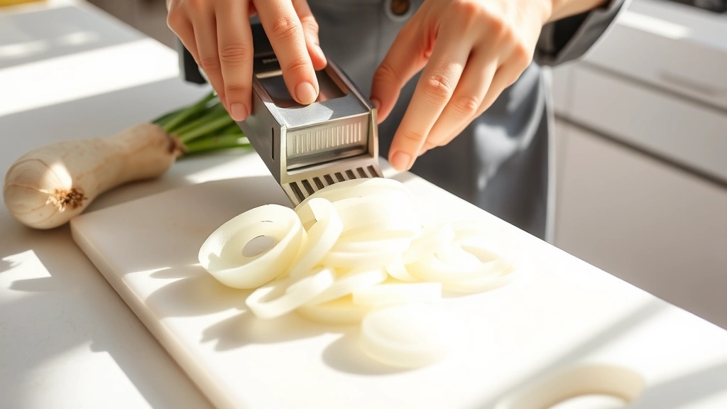 process: hands using mandoline slicer to cut thin daikon slices over white cutting board, fresh daikon radish and knife visible, natural daylight streaming in, bright and clean kitchen aesthetic