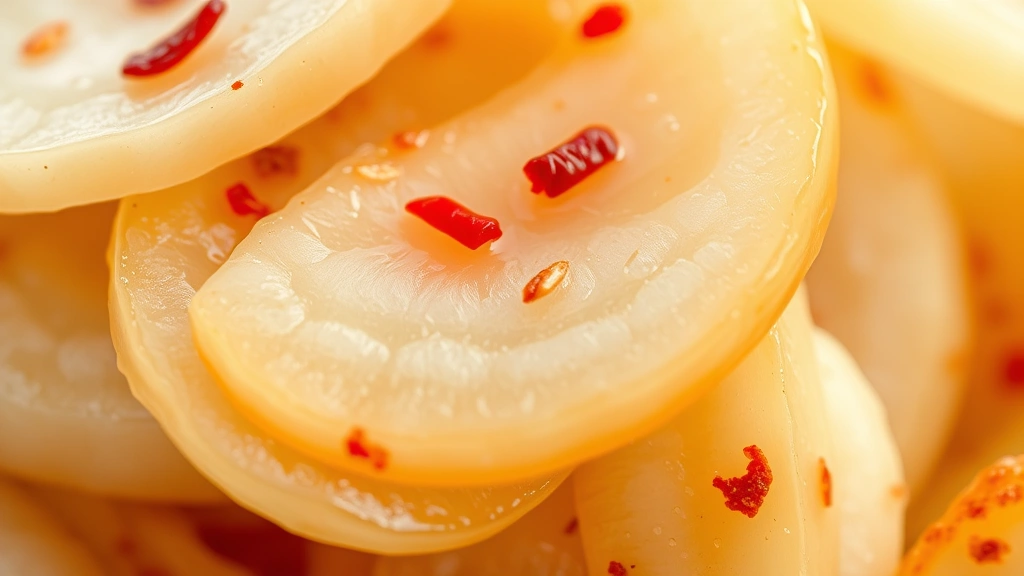 detail: close-up macro shot of pickled daikon slices showing texture and translucency, brine glistening, red pepper flakes visible, shallow depth of field, natural light highlighting the jewel-like quality of the pickle