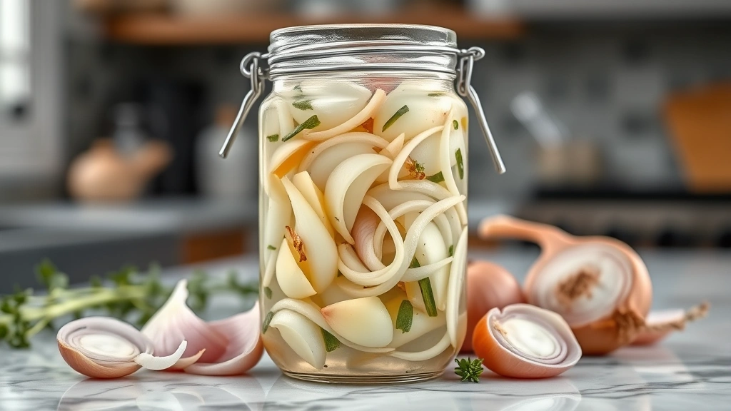 hero: beautiful glass jar filled with thinly sliced pickled onions and garlic cloves in clear vinegar brine, sitting on a marble countertop with fresh whole onions and herbs nearby, professional food photography, warm natural window light, shallow depth of field